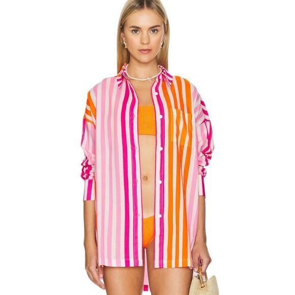 Beach Riot Alexa Striped Cover Up Top S/M Pink Orange Button Down Tunic Cotton - Picture 1 of 5